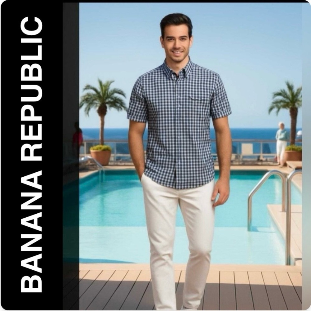 BANANA REPUBLIC Blue and White Checkered Casual Button Down Shirt 2 Pocket SZ L - Picture 3 of 8